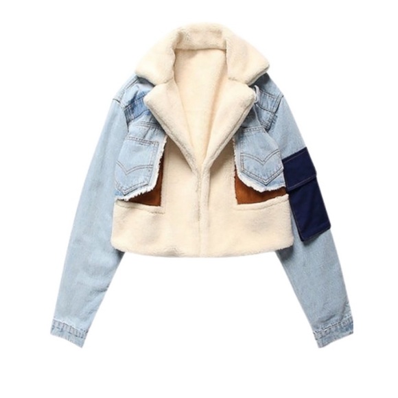 DENIM SHEARLING CROP JACKET. Multiple Colors. - Picture 4 of 7